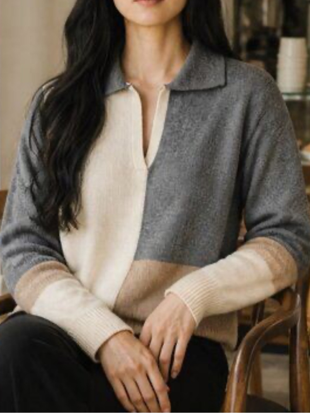 Verve Ami long sleeve pull over split neck color block sweater, size M